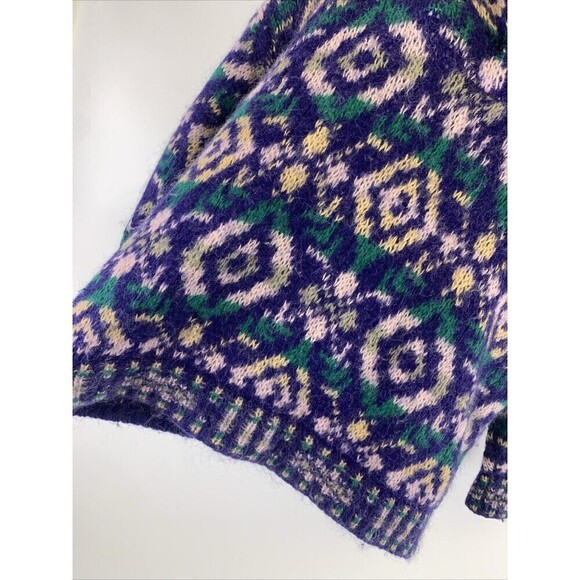 Benetton Sweater Collared Purple Green Pattern Pullover Button Wool Women Medium - Picture 6 of 15
